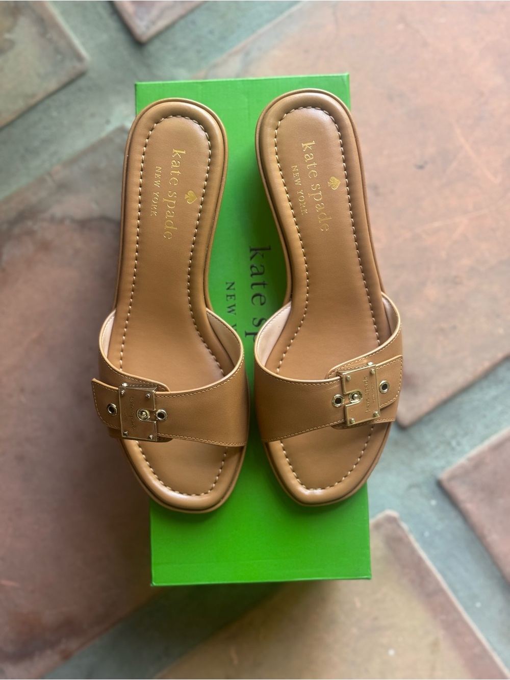 kate spade Tan Leather Slide Mules with Gold Buckle